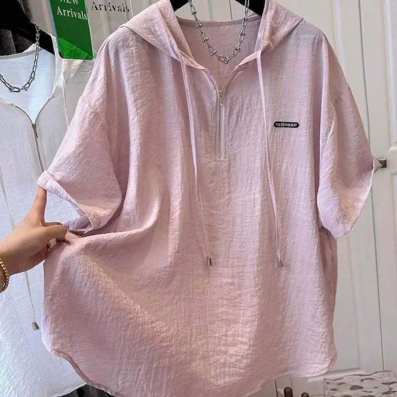Oversized T Shirts Women Summer Hooded Short Sleeve T-shirt French Thin Tops Fashion Loose Design Niche Hoodie Tshirt Woman 2025