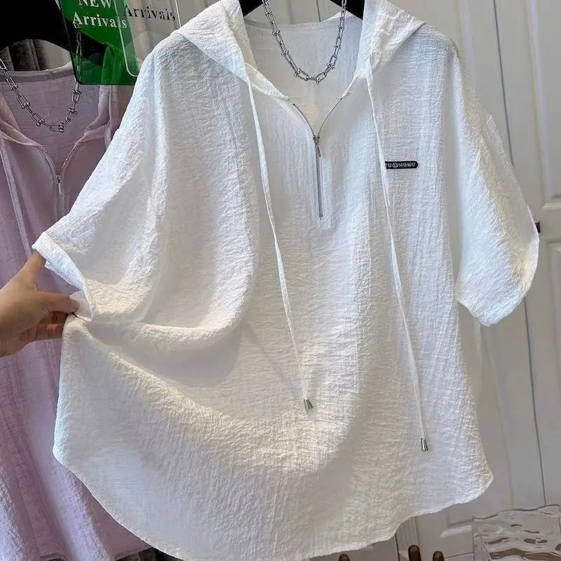 Oversized T Shirts Women Summer Hooded Short Sleeve T-shirt French Thin Tops Fashion Loose Design Niche Hoodie Tshirt Woman 2025