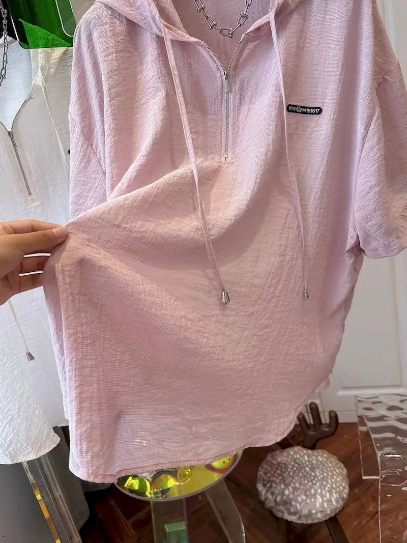 Oversized T Shirts Women Summer Hooded Short Sleeve T-shirt French Thin Tops Fashion Loose Design Niche Hoodie Tshirt Woman 2025