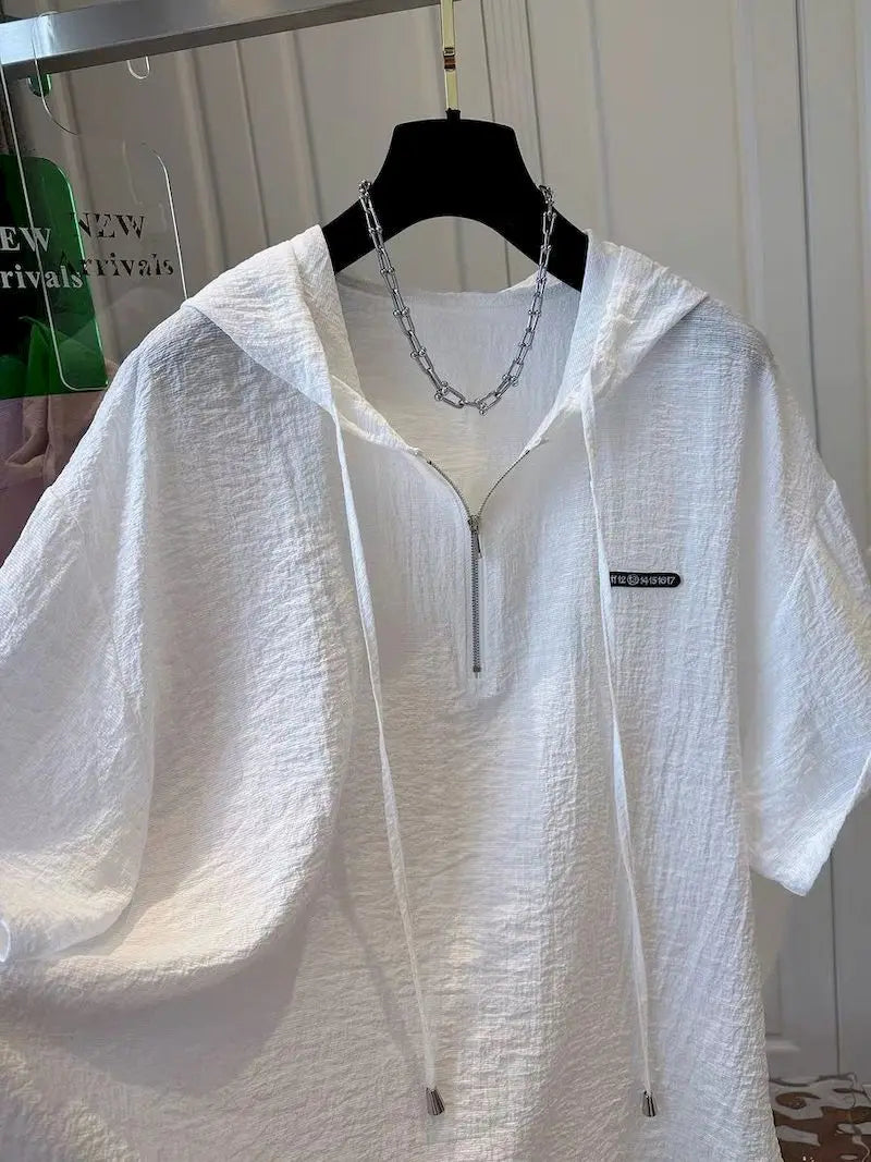 Oversized T Shirts Women Summer Hooded Short Sleeve T-shirt French Thin Tops Fashion Loose Design Niche Hoodie Tshirt Woman 2025