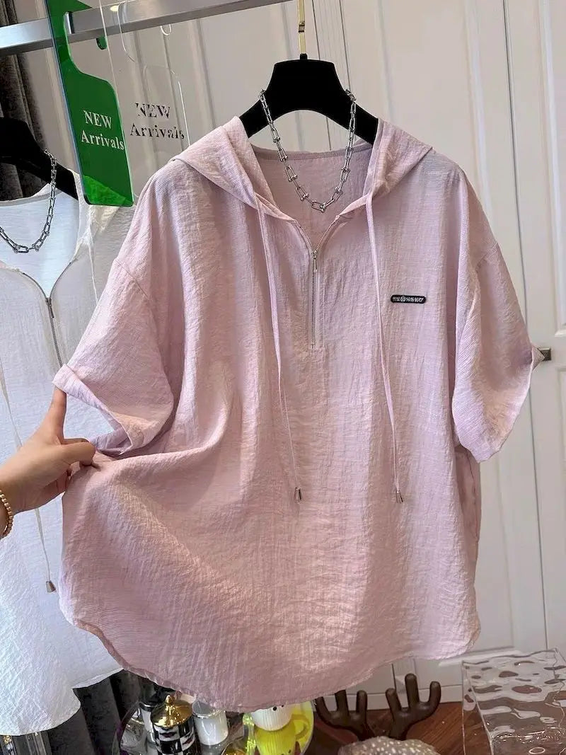 Oversized T Shirts Women Summer Hooded Short Sleeve T-shirt French Thin Tops Fashion Loose Design Niche Hoodie Tshirt Woman 2025