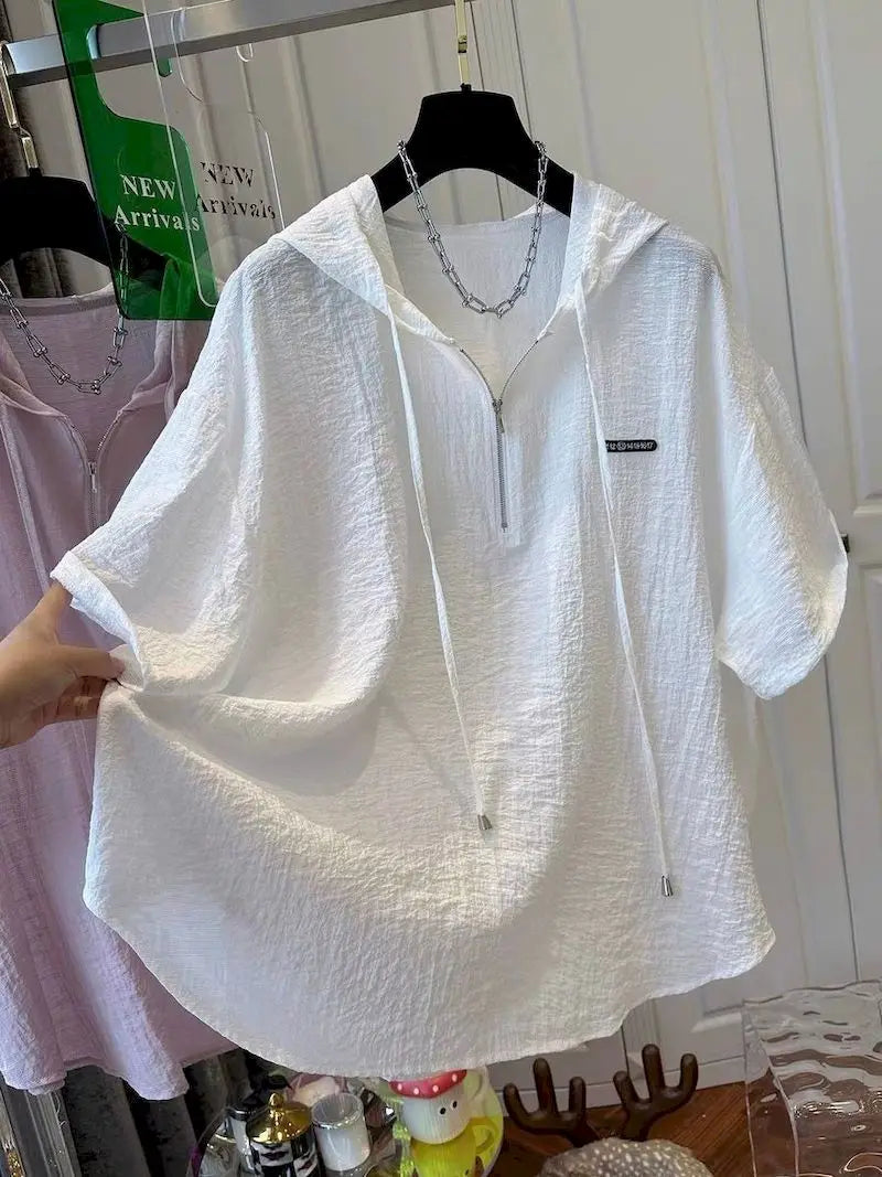 Oversized T Shirts Women Summer Hooded Short Sleeve T-shirt French Thin Tops Fashion Loose Design Niche Hoodie Tshirt Woman 2025