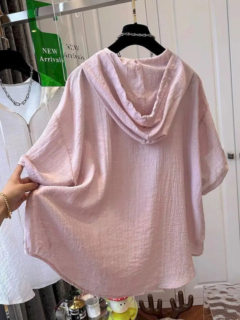 Oversized T Shirts Women Summer Hooded Short Sleeve T-shirt French Thin Tops Fashion Loose Design Niche Hoodie Tshirt Woman 2025